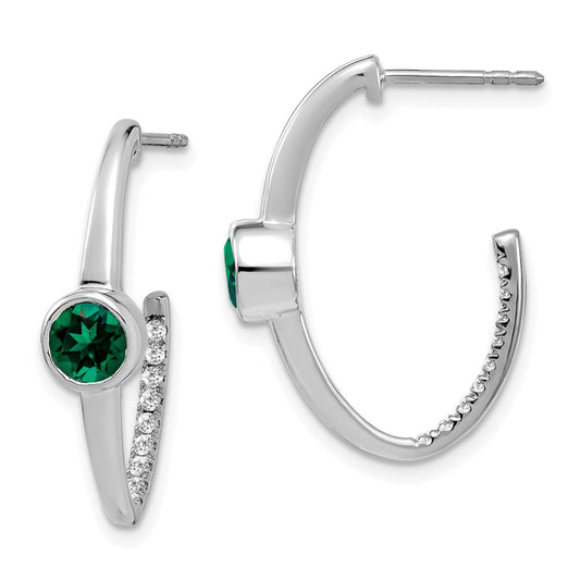 Solid 14k White Gold Created Simulated Emerald and CZ J-Hoop Earrings