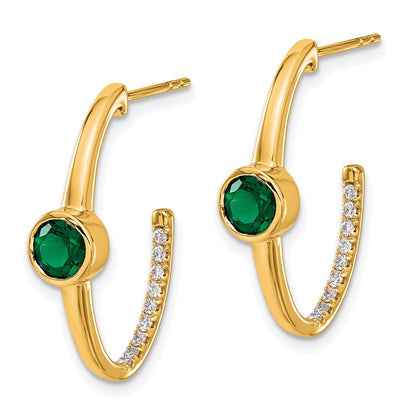 Solid 14k Yellow Gold Created Simulated Emerald and CZ J-Hoop Earrings