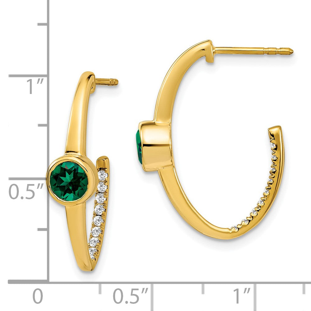 Solid 14k Yellow Gold Created Simulated Emerald and CZ J-Hoop Earrings
