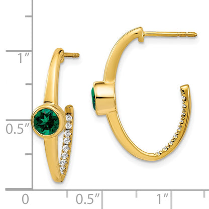 Solid 14k Yellow Gold Created Simulated Emerald and CZ J-Hoop Earrings