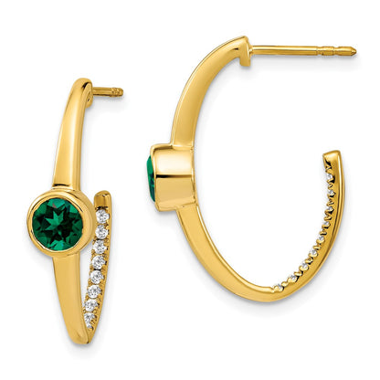 Solid 14k Yellow Gold Created Simulated Emerald and CZ J-Hoop Earrings