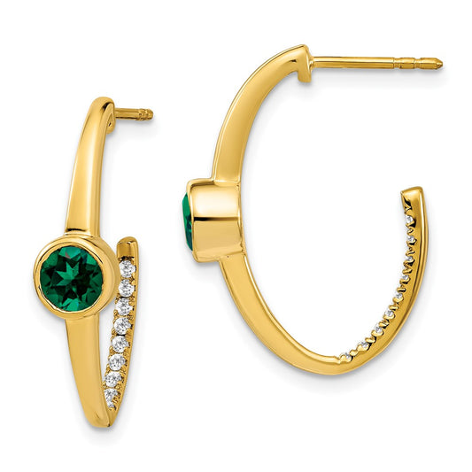 Solid 14k Yellow Gold Created Simulated Emerald and CZ J-Hoop Earrings