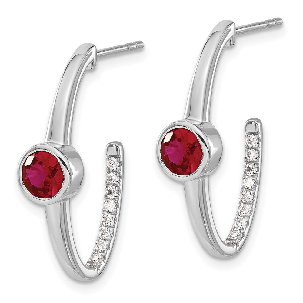Solid 14k White Gold Created Simulated Ruby and CZ J-Hoop Earrings