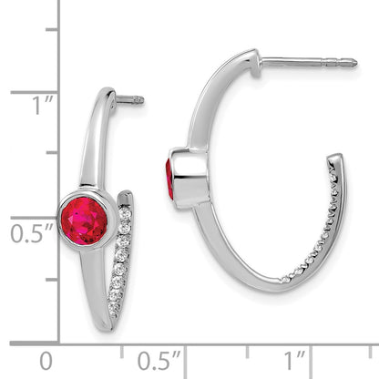 Solid 14k White Gold Created Simulated Ruby and CZ J-Hoop Earrings