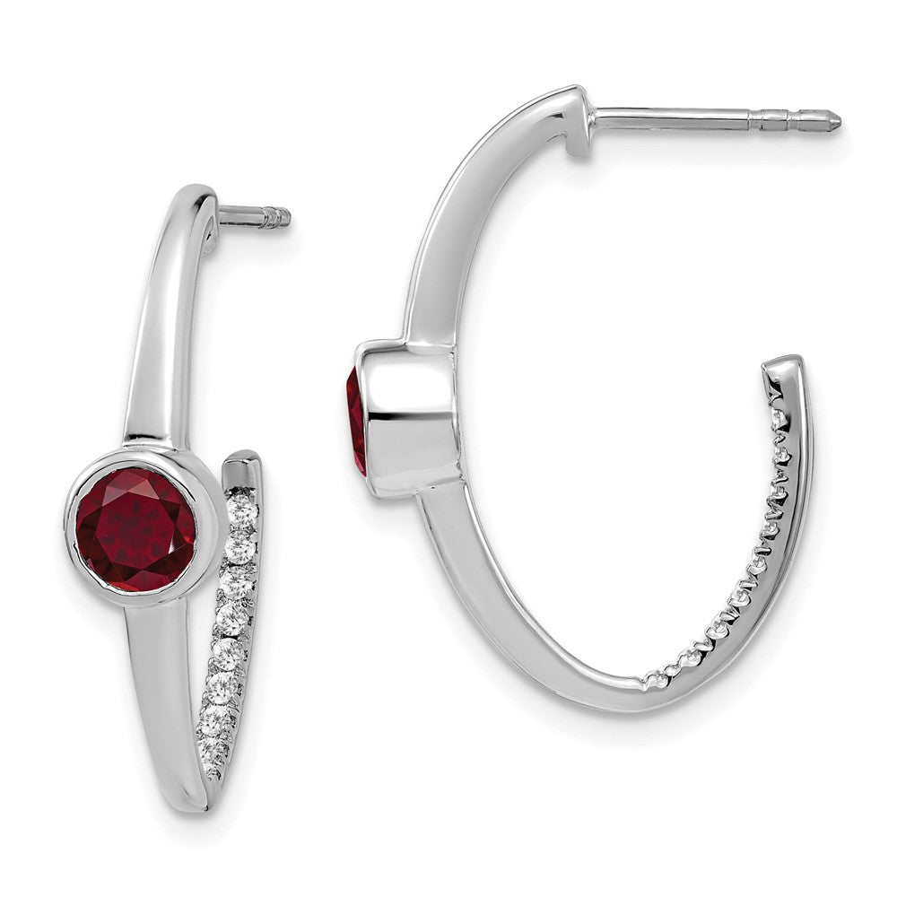 Solid 14k White Gold Created Simulated Ruby and CZ J-Hoop Earrings