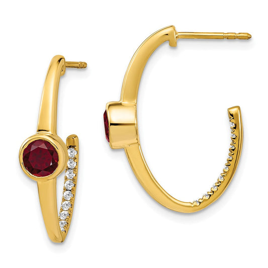 14k Yellow Gold Created Ruby and Real Diamond J-Hoop Earrings EM7213-RU-018-YA