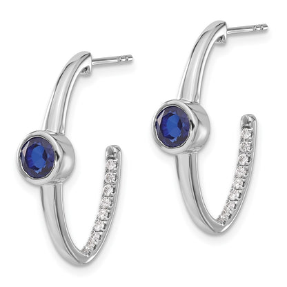 Solid 14k White Gold Created Simulated Sapphire and CZ J-Hoop Earrings