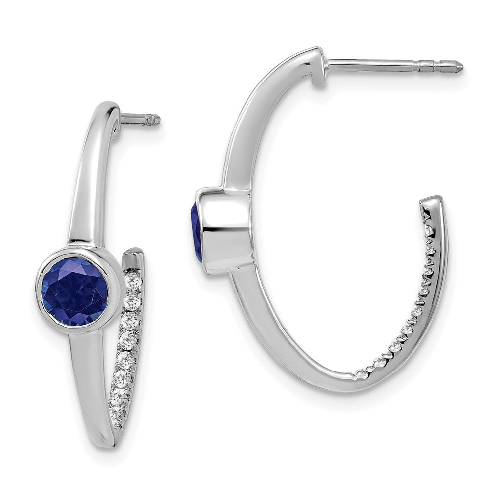 Solid 14k White Gold Created Simulated Sapphire and CZ J-Hoop Earrings