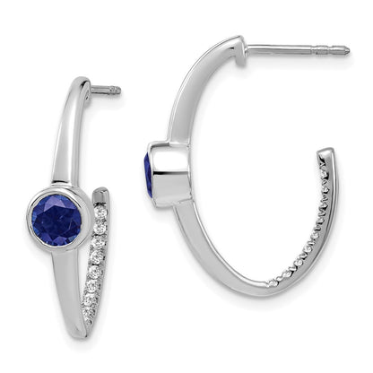 Solid 14k White Gold Created Simulated Sapphire and CZ J-Hoop Earrings