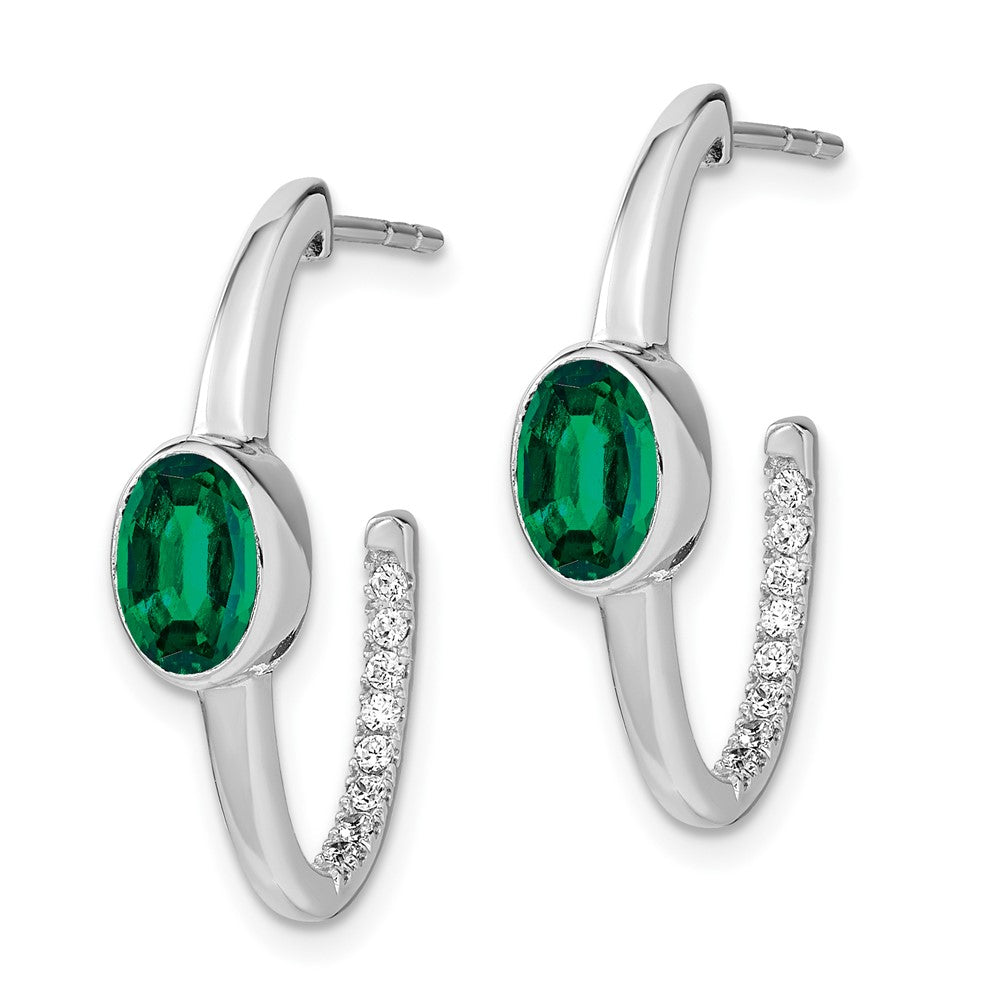 Solid 14k White Gold Oval Created Simulated Emerald and CZ J-Hoop Earrings