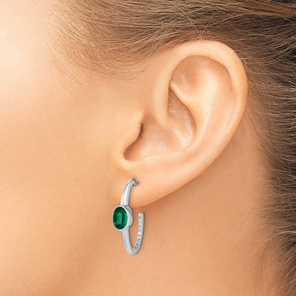 Solid 14k White Gold Oval Created Simulated Emerald and CZ J-Hoop Earrings
