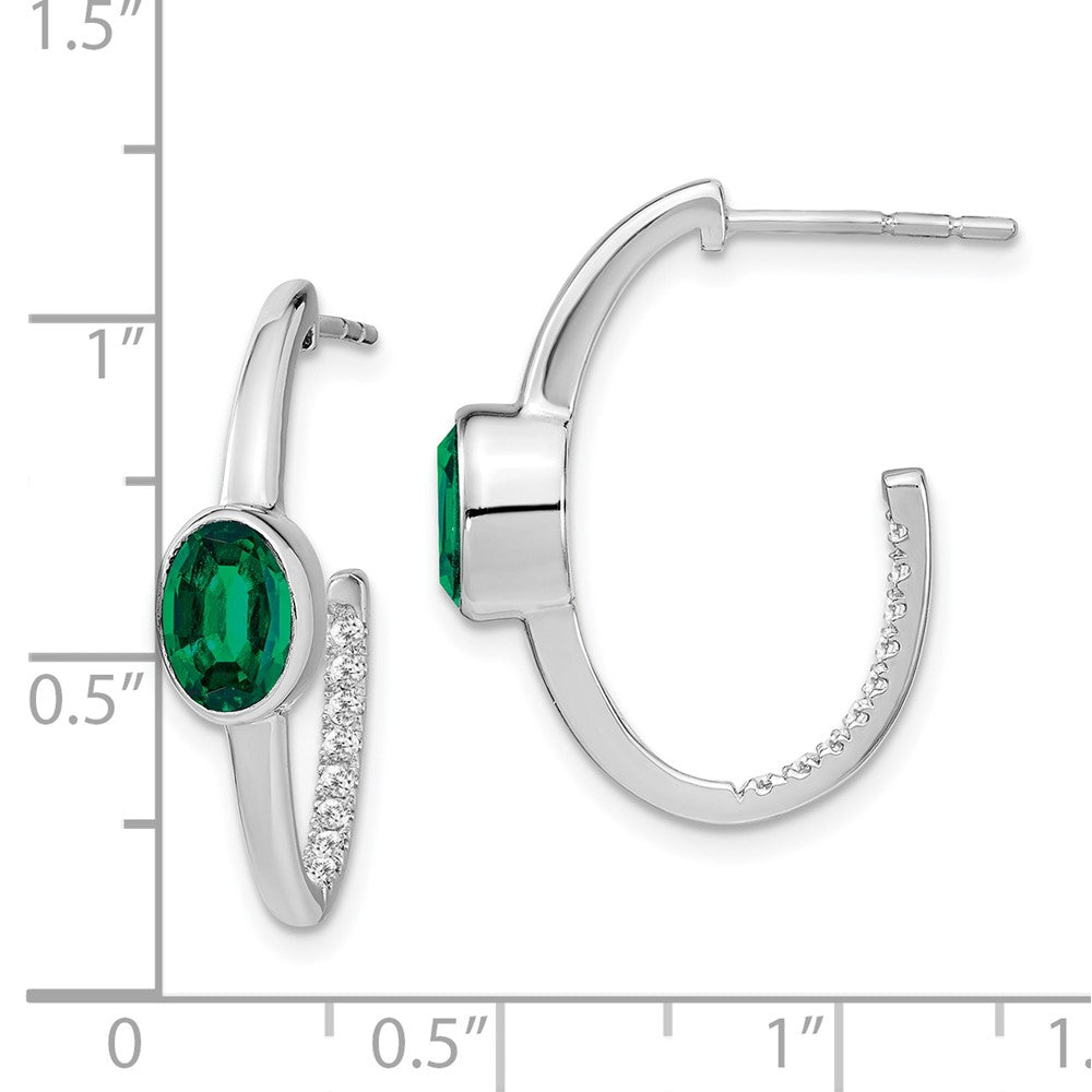 Solid 14k White Gold Oval Created Simulated Emerald and CZ J-Hoop Earrings