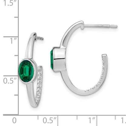 Solid 14k White Gold Oval Created Simulated Emerald and CZ J-Hoop Earrings