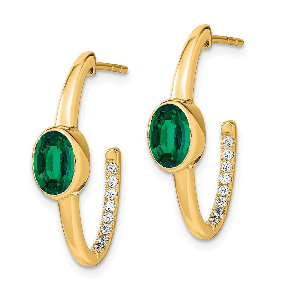 Solid 14k Yellow Gold Oval Created Simulated Emerald and CZ J-Hoop Earrings