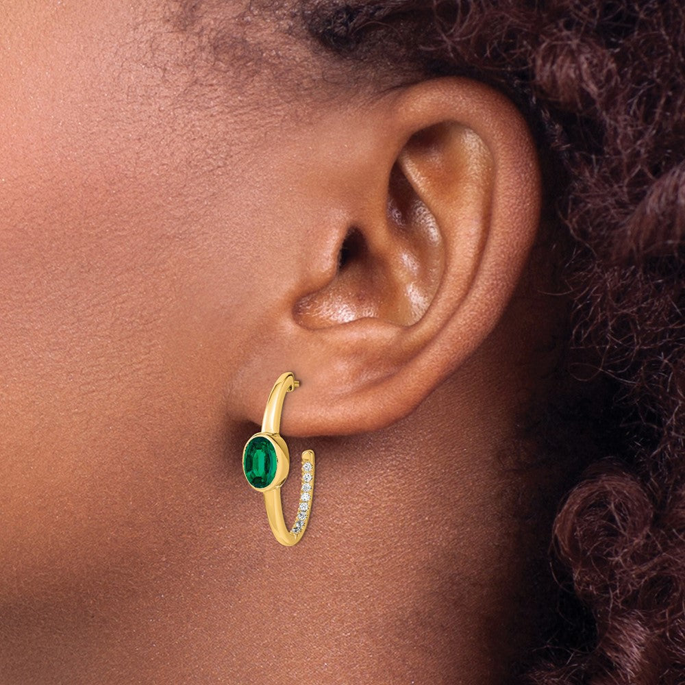Solid 14k Yellow Gold Oval Created Simulated Emerald and CZ J-Hoop Earrings