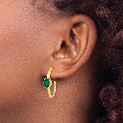 Solid 14k Yellow Gold Oval Created Simulated Emerald and CZ J-Hoop Earrings