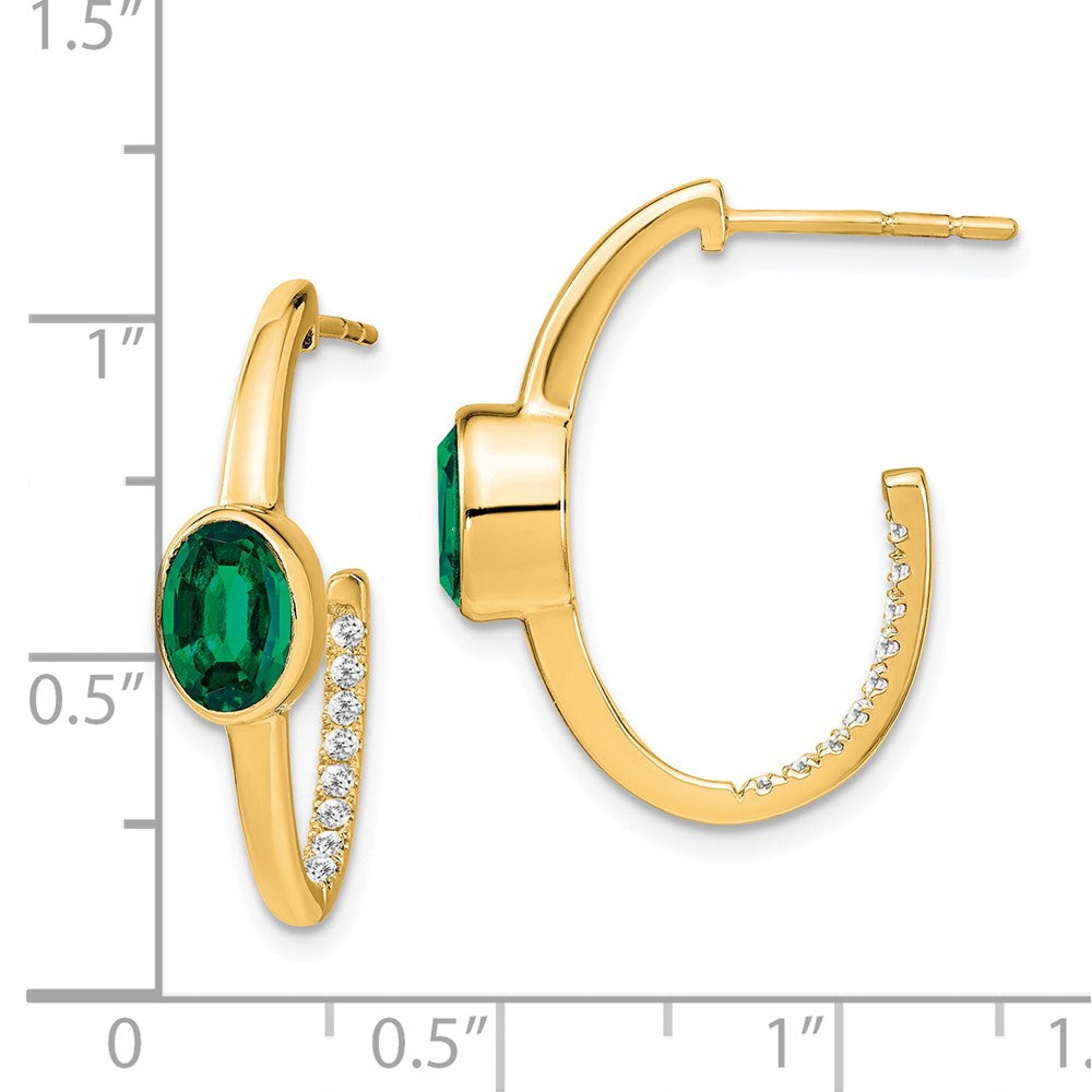 Solid 14k Yellow Gold Oval Created Simulated Emerald and CZ J-Hoop Earrings