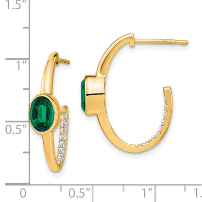 Solid 14k Yellow Gold Oval Created Simulated Emerald and CZ J-Hoop Earrings