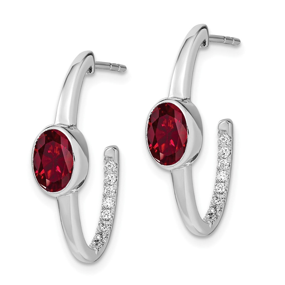 Solid 14k White Gold Oval Created Simulated Ruby and CZ J-Hoop Earrings