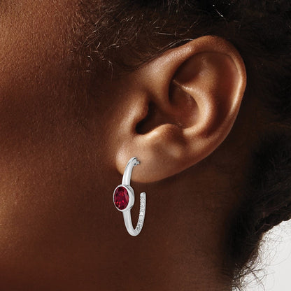 Solid 14k White Gold Oval Created Simulated Ruby and CZ J-Hoop Earrings