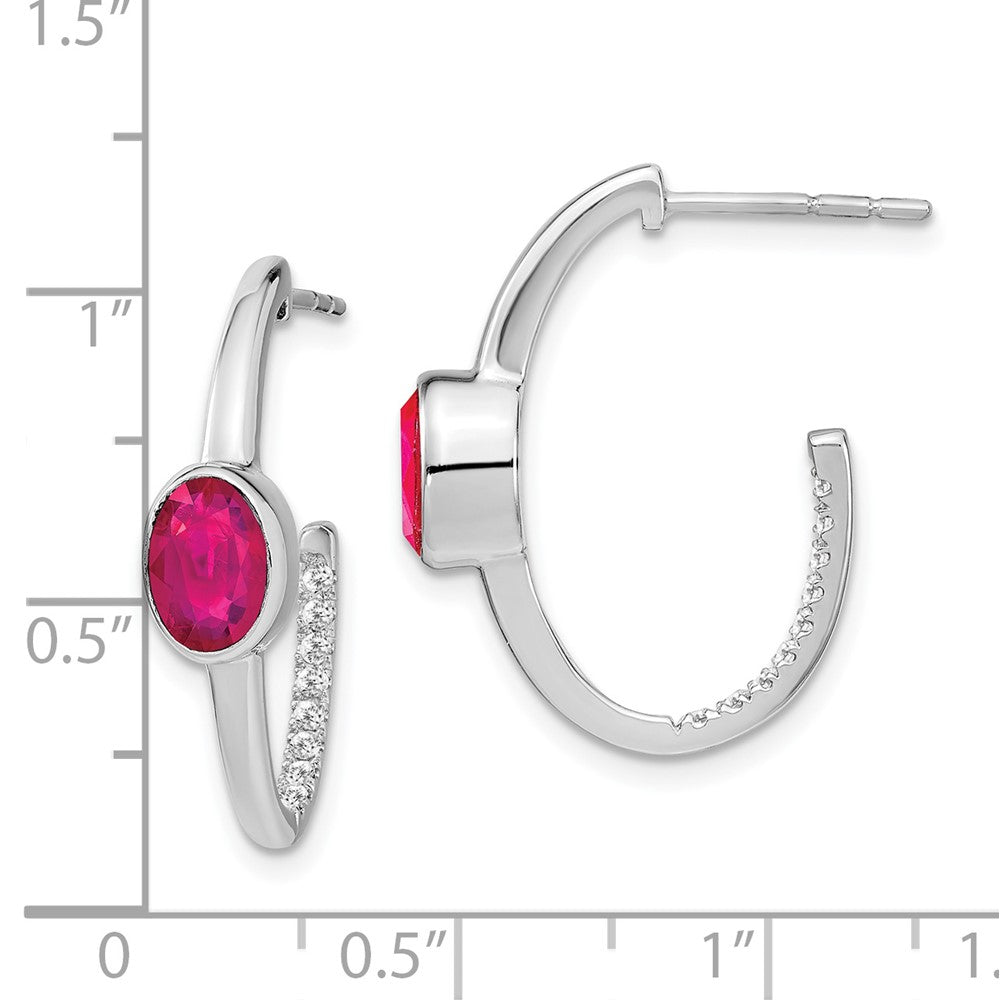 Solid 14k White Gold Oval Created Simulated Ruby and CZ J-Hoop Earrings