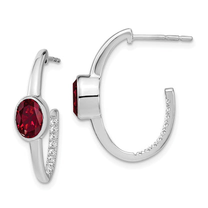 Solid 14k White Gold Oval Created Simulated Ruby and CZ J-Hoop Earrings
