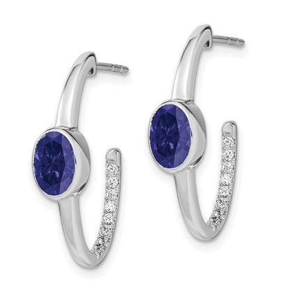 Solid 14k White Gold Oval Created Simulated Sapphire and CZ J-Hoop Earrings
