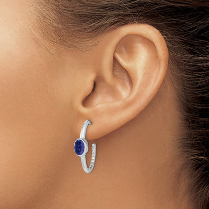 Solid 14k White Gold Oval Created Simulated Sapphire and CZ J-Hoop Earrings