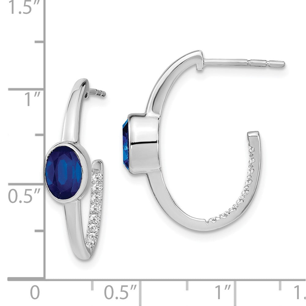 Solid 14k White Gold Oval Created Simulated Sapphire and CZ J-Hoop Earrings