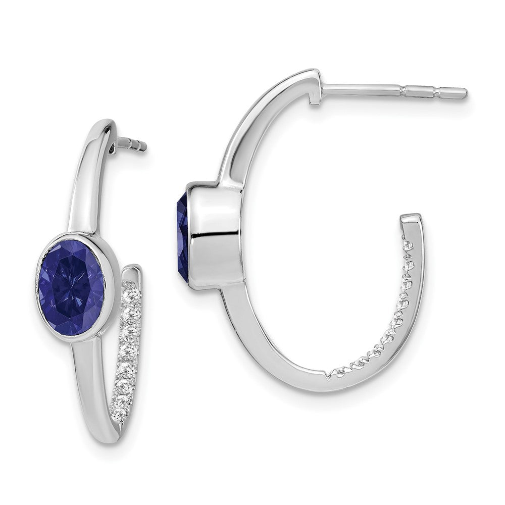 14k White Gold Oval Created Sapphire and Real Diamond J-Hoop Earrings EM7214-SA-018-WA