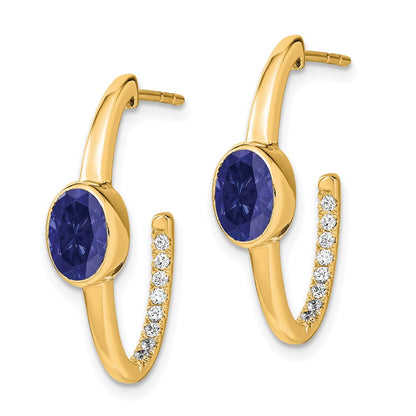 Solid 14k Yellow Gold Oval Created Simulated Sapphire and CZ J-Hoop Earrings