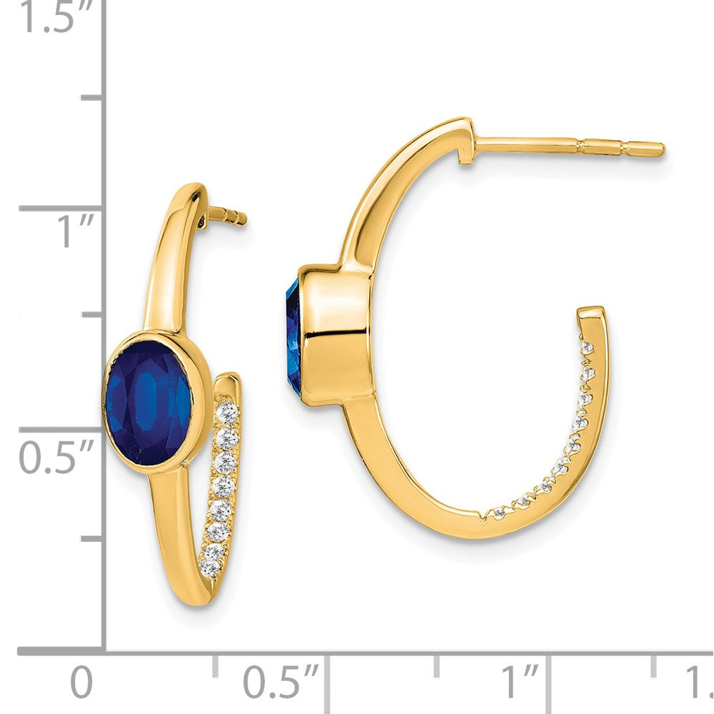 Solid 14k Yellow Gold Oval Created Simulated Sapphire and CZ J-Hoop Earrings