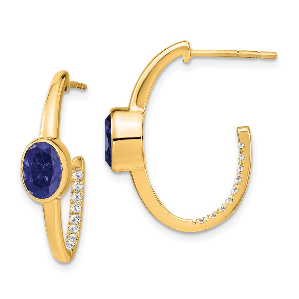 14k Yellow Gold Oval Created Sapphire and Real Diamond J-Hoop Earrings EM7214-SA-018-YA