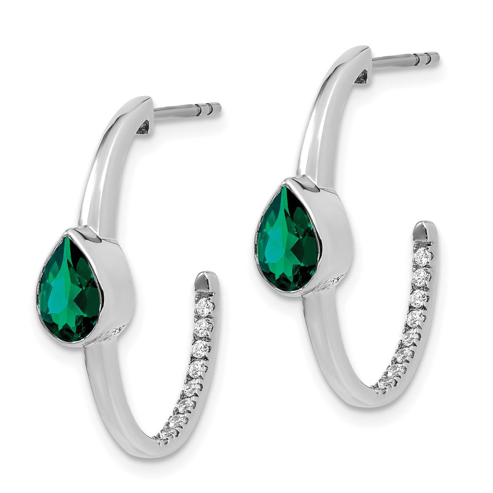 Solid 14k White Gold Pear Created Simulated Emerald and CZ J-Hoop Earrings