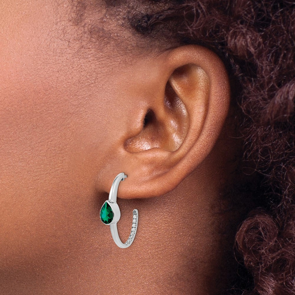 Solid 14k White Gold Pear Created Simulated Emerald and CZ J-Hoop Earrings