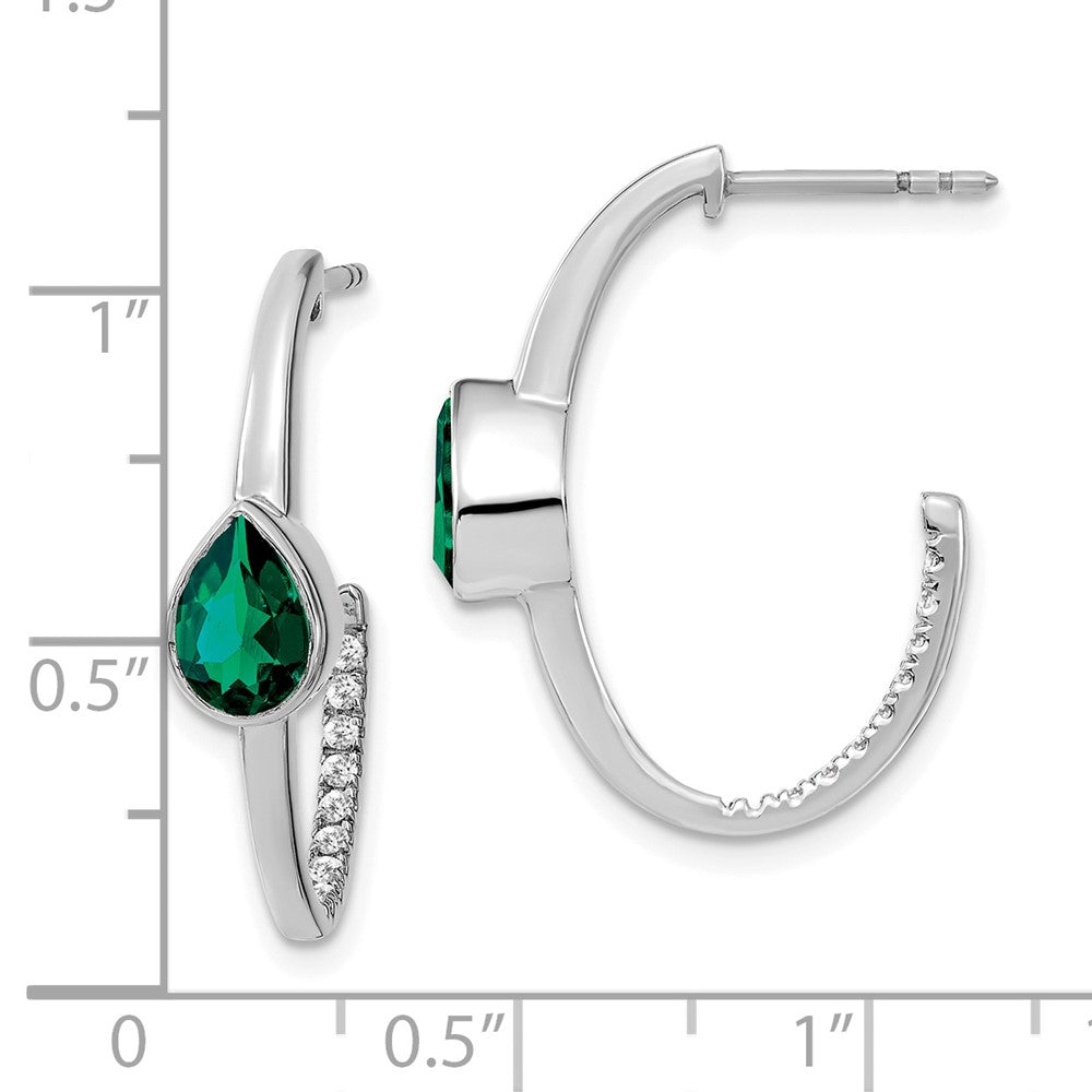 Solid 14k White Gold Pear Created Simulated Emerald and CZ J-Hoop Earrings