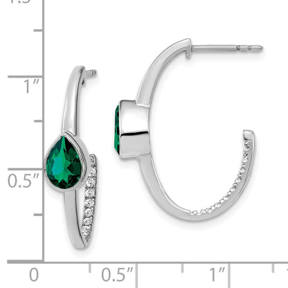 Solid 14k White Gold Pear Created Simulated Emerald and CZ J-Hoop Earrings