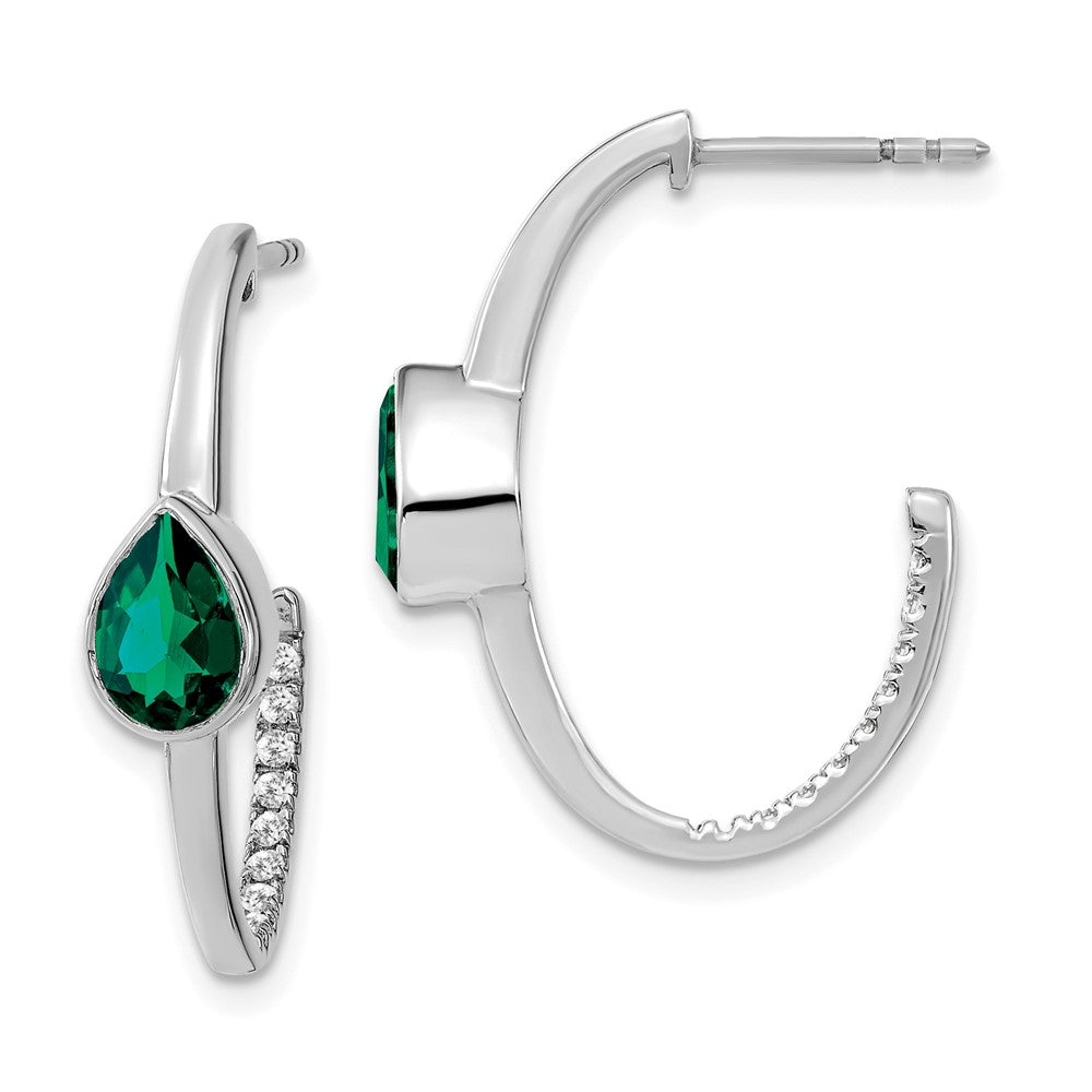 14k White Gold Pear Created Emerald and Real Diamond J-Hoop Earrings EM7215-EM-018-WA