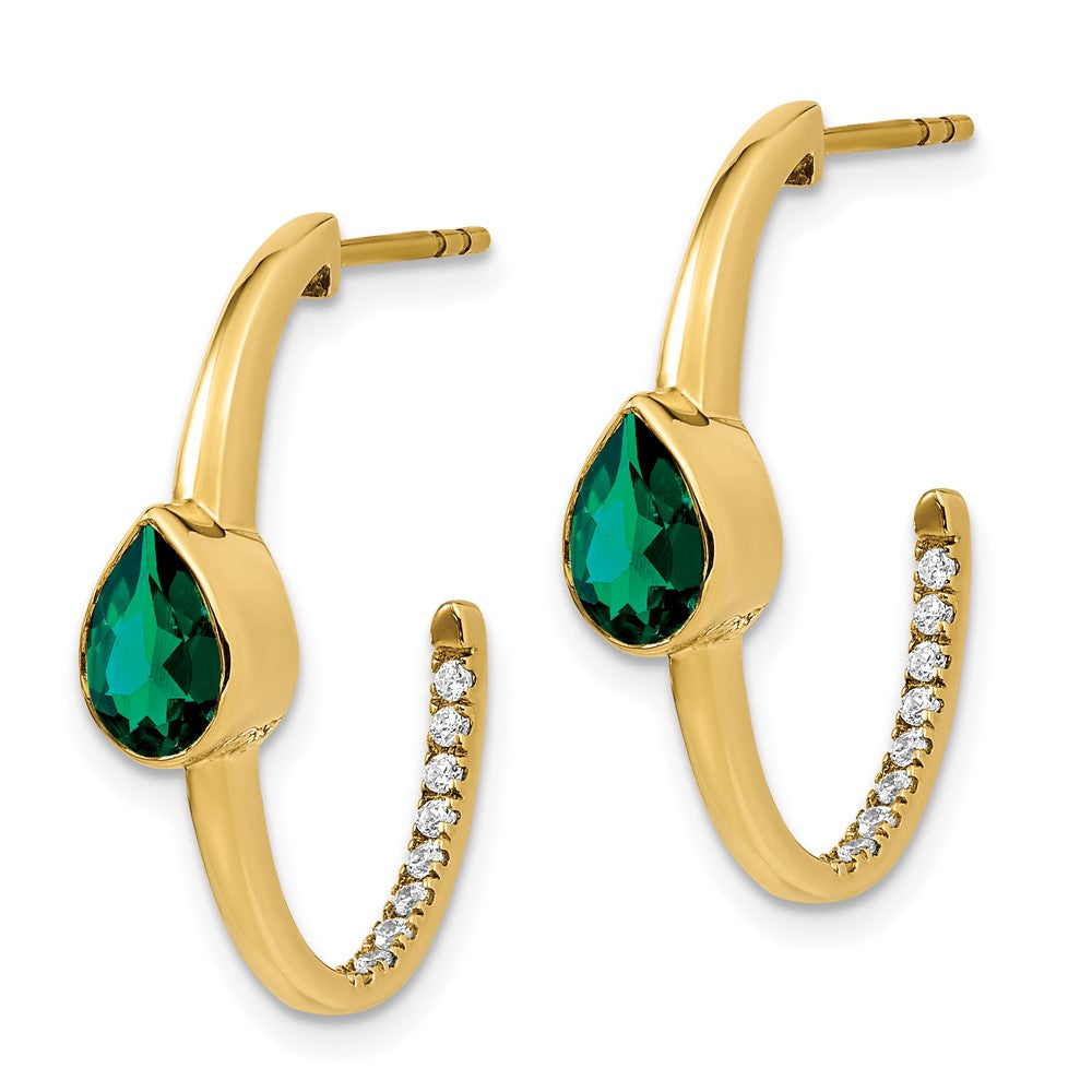 Solid 14k Yellow Gold Pear Created Simulated Emerald and CZ J-Hoop Earrings