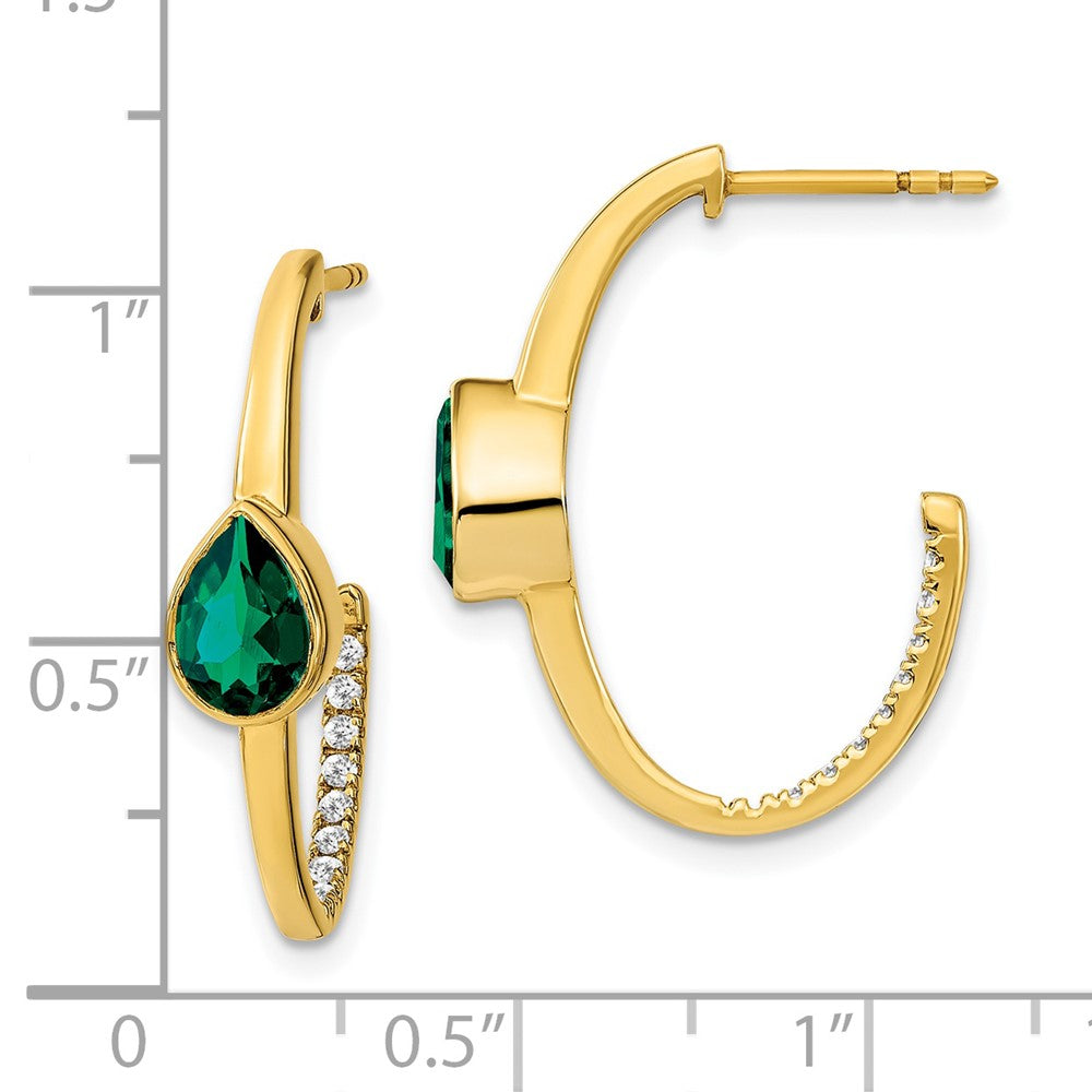 Solid 14k Yellow Gold Pear Created Simulated Emerald and CZ J-Hoop Earrings