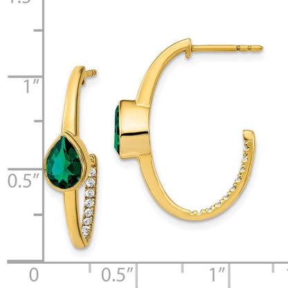 Solid 14k Yellow Gold Pear Created Simulated Emerald and CZ J-Hoop Earrings