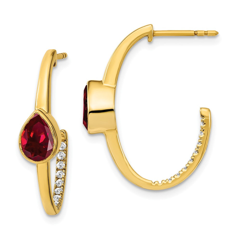14k Yellow Gold Pear Created Ruby and Real Diamond J-Hoop Earrings EM7215-RU-018-YA