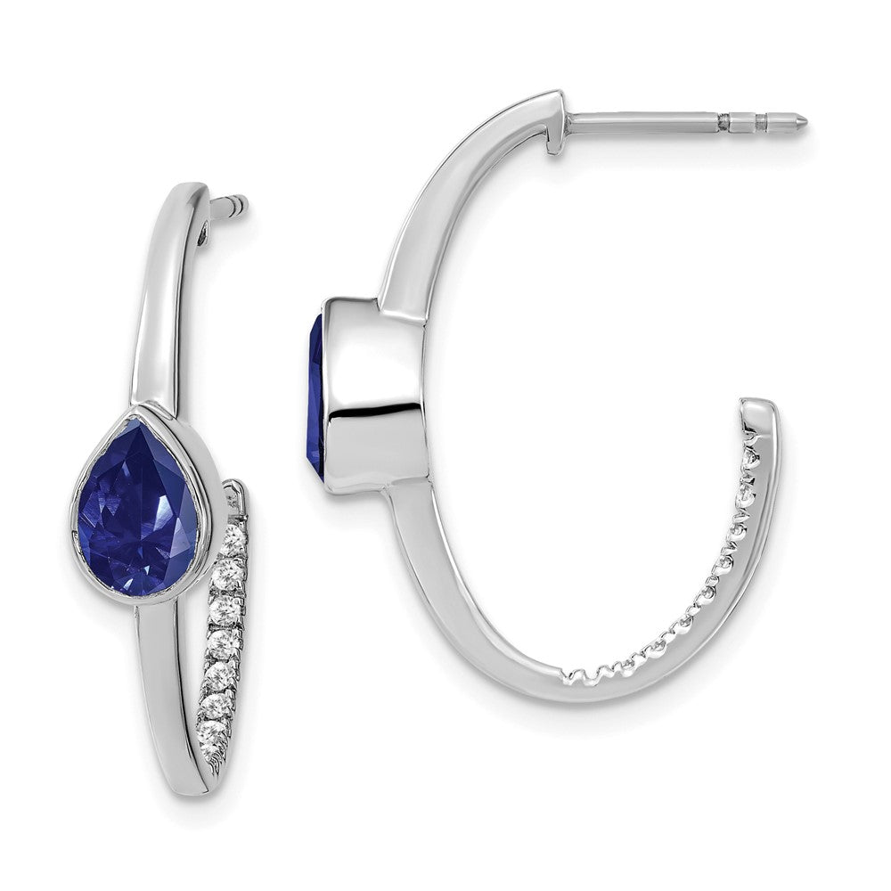 14k White Gold Pear Created Sapphire and Real Diamond J-Hoop Earrings EM7215-SA-018-WA