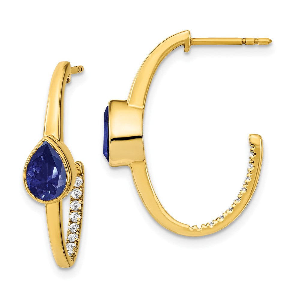 14k Yellow Gold Pear Created Sapphire and Real Diamond J-Hoop Earrings EM7215-SA-018-YA
