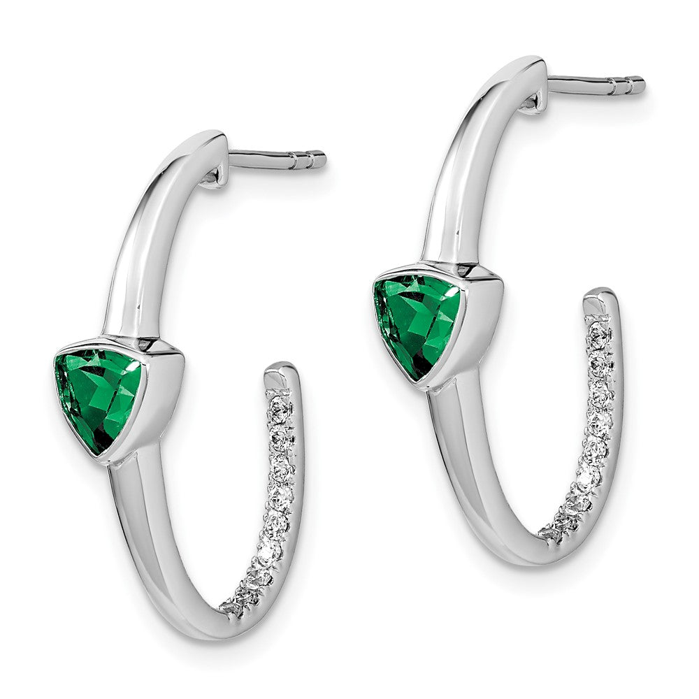 Solid 14k White Gold Trillion Created Simulated Emerald/CZ J-hoop Earrings
