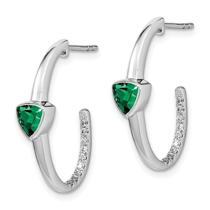 Solid 14k White Gold Trillion Created Simulated Emerald/CZ J-hoop Earrings