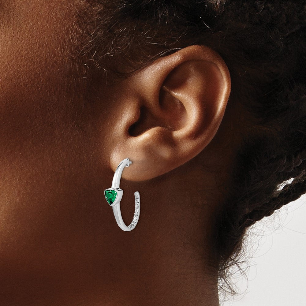 Solid 14k White Gold Trillion Created Simulated Emerald/CZ J-hoop Earrings