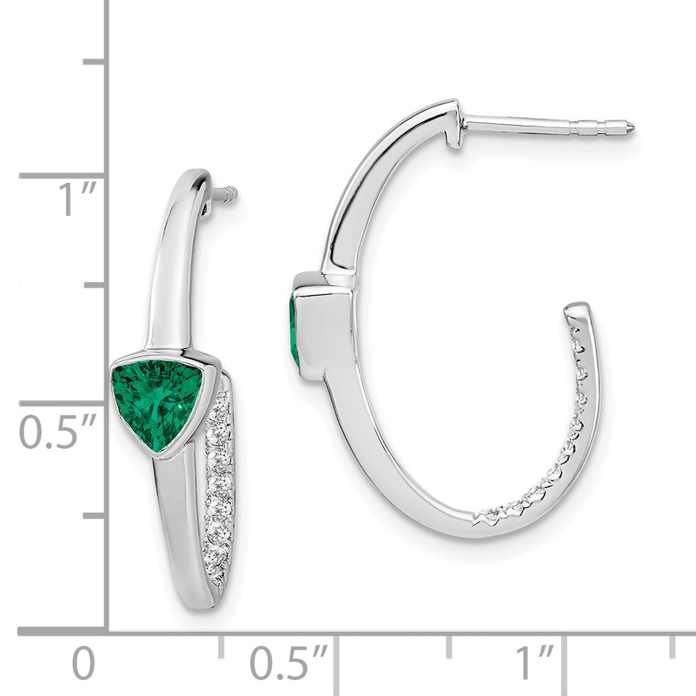 Solid 14k White Gold Trillion Created Simulated Emerald/CZ J-hoop Earrings