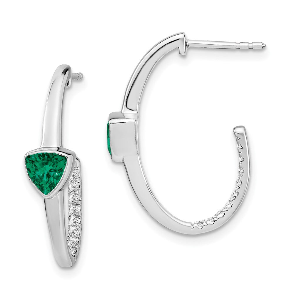Solid 14k White Gold Trillion Created Simulated Emerald/CZ J-hoop Earrings