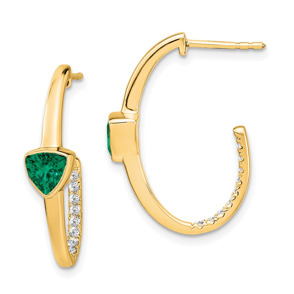 14k Yellow Gold Trillion Created Emerald and Real Diamond J-hoop Earrings EM7216-EM-018-YA